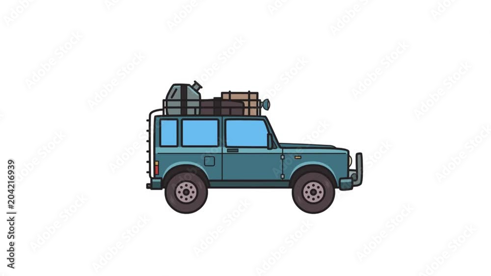 Animated SUV car with luggage on the roof trunk. Moving off-road vehicle with cargo on top, side view. Flat animation. Isolated on white background