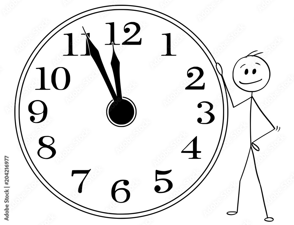 Cartoon stick man drawing conceptual illustration of smiling businessman  leaning on big wall clock displaying five minutes before twelve hours or  midday or midday. Business or political concept of Stock Vector |