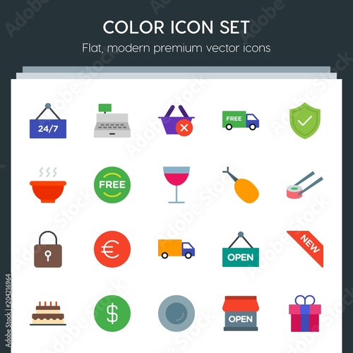 Modern Simple Set of food, drinks, shopping Vector flat Icons. Contains such Icons as shipping,  dinner,  open,  white,  retail,  airport and more on dark background. Fully Editable. Pixel Perfect