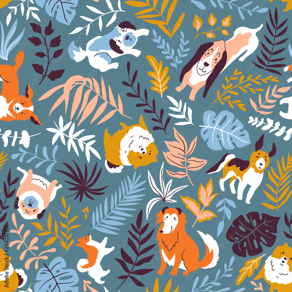 Vector illustration with cute hand drawn dogs and tropical plants. Seamless fashion pattern. Trendy scandinavian design. 