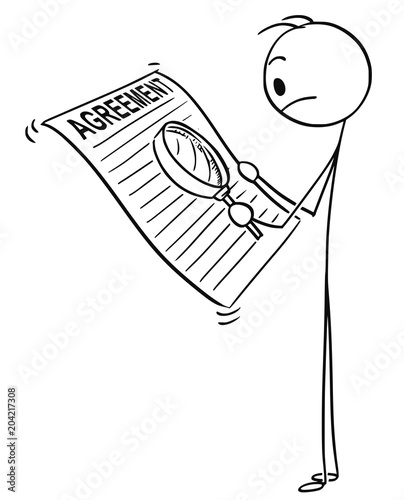 Cartoon stick man drawing conceptual illustration of upset businessman reading agreement with magnifying glass to find small text or hidden conditions.
