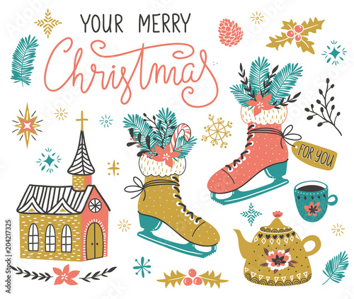 Vector hand drawn set of Christmas design elements with lettering - 'Your merry Christmas' in scandinavian style. Cute holiday illustration.