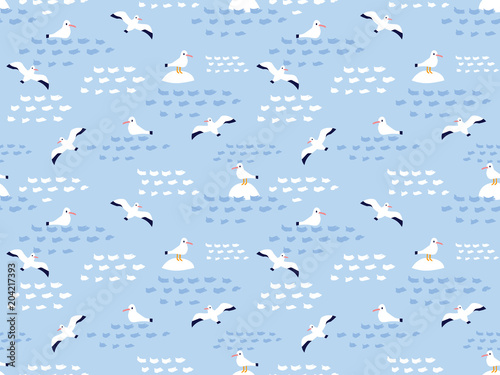 Seamless pattern of nautical birds - marine seagulls. Hand drawn vector sea illustration.