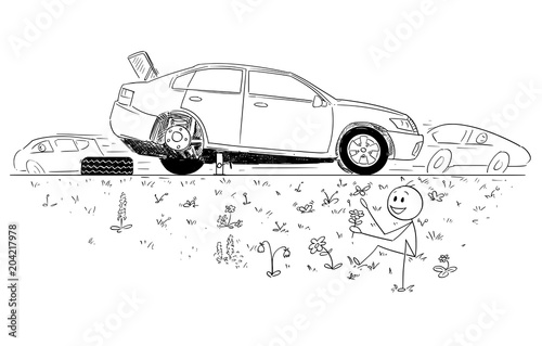 Cartoon stick man drawing conceptual illustration of man repairing broken car and founding beauty of nature in road ditch. Concept of environmental conservation and return to nature.
