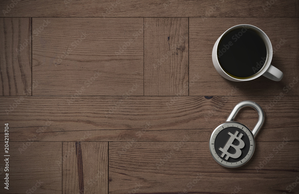 Fototapeta premium Bitcoin protected and secured with coffee ona wooden table as 3d rendering.