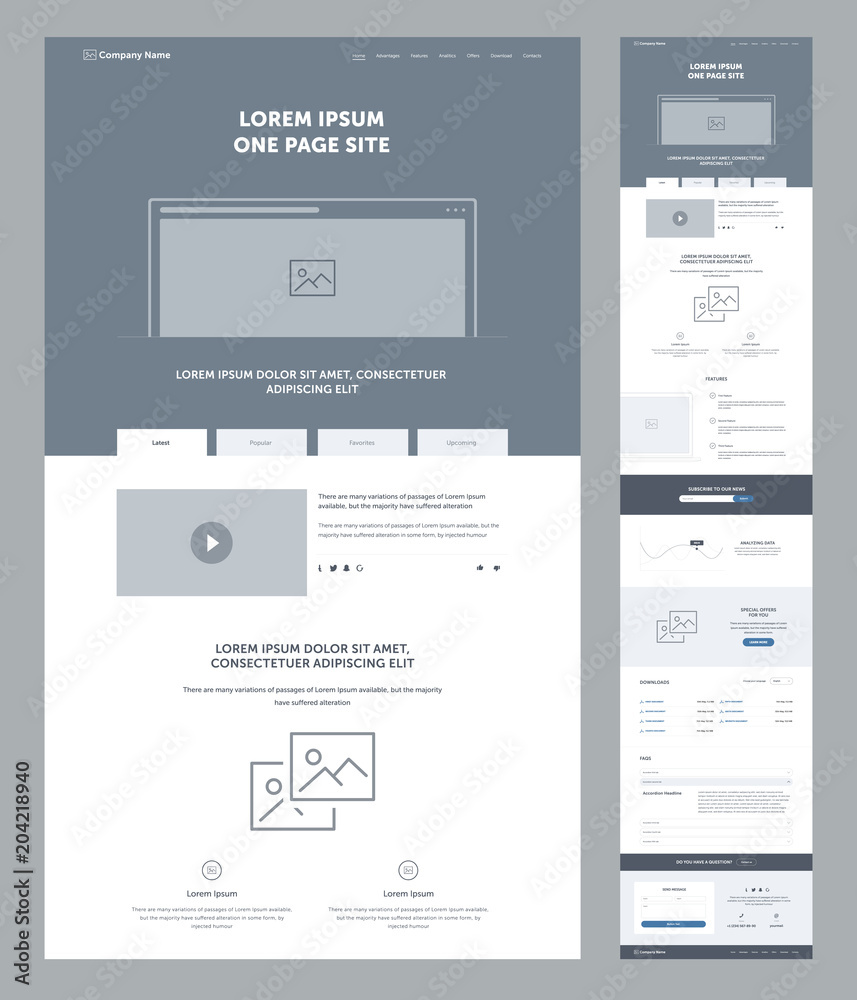 One page website design template for business. Landing page wireframe. Flat modern responsive design. Ux ui website: home, advantages, features, analytics, offers, download, FAQ, contacts, email.
