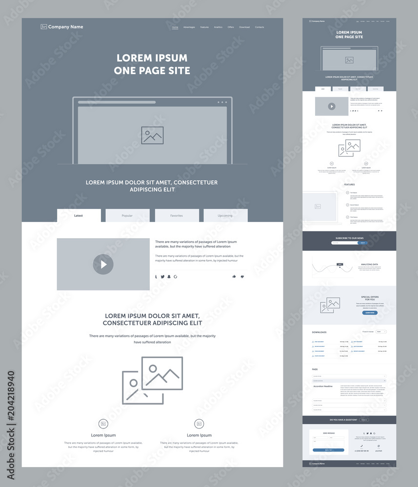 One page website design template for business. Landing page wireframe. Flat modern responsive design. Ux ui website: home, advantages, features, analytics, offers, download, FAQ, contacts, email. One page website design template for business. Landing page wireframe. Flat modern responsive design. Ux ui website: home, advantages, features, analytics, offers, download, FAQ, contacts, email.