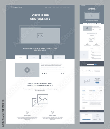 One page website design template for business. Landing page wireframe. Flat modern responsive design. Ux ui website  home  advantages  features  analytics  offers  download  FAQ  contacts  email.