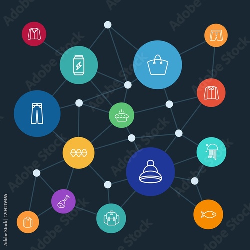 Abstract background with polygonal connected lines and food, clothes, drinks, travel outline icons. Can be use for websites, mobile apps, presentations and other design works