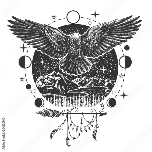 Vector black raven tattoo or t-shirt print design