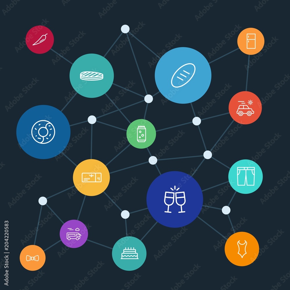 Abstract background with polygonal connected lines and food, clothes, drinks, travel outline icons. Can be use for websites, mobile apps, presentations and other design works