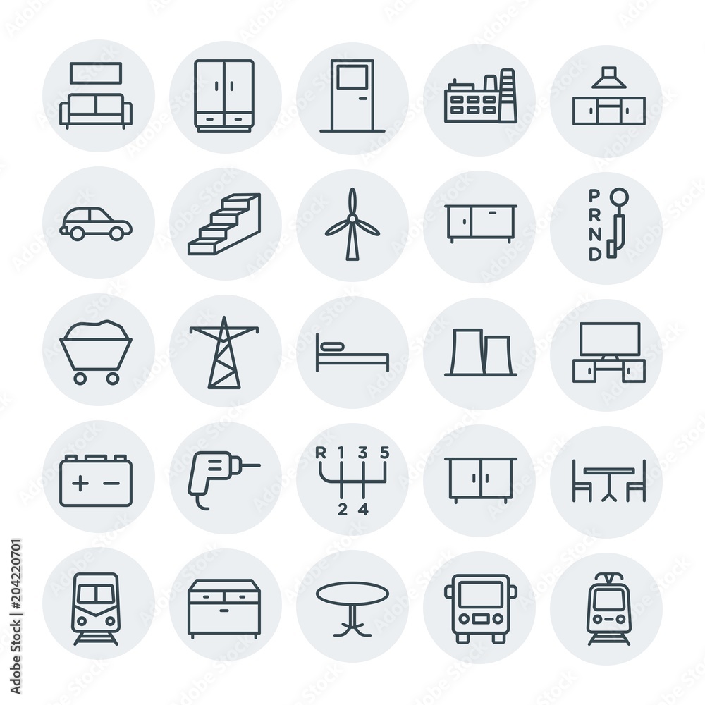 Modern Simple Set of transports, industry, furniture Vector outline Icons. Contains such Icons as  interior,  couch, sofa,  clothing,  metro and more on white background. Fully Editable. Pixel Perfect