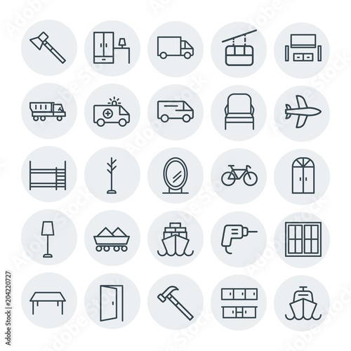 Modern Simple Set of transports, industry, furniture Vector outline Icons. Contains such Icons as  screwdriver,  house, axe,  room,  cable and more on white background. Fully Editable. Pixel Perfect © djvectors