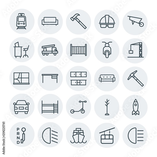 Modern Simple Set of transports, industry, furniture Vector outline Icons. Contains such Icons as transport, tram, couch, worker, hanger and more on white background. Fully Editable. Pixel Perfect