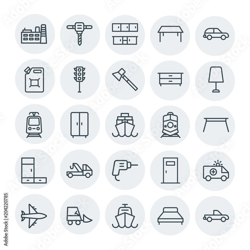 Modern Simple Set of transports, industry, furniture Vector outline Icons. Contains such Icons as architecture, entrance, distribution and more on white background. Fully Editable. Pixel Perfect