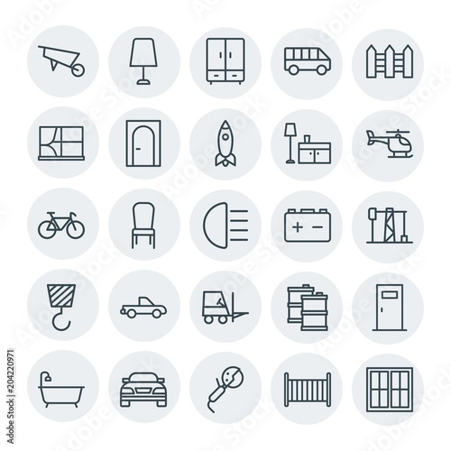 Modern Simple Set of transports, industry, furniture Vector outline Icons. Contains such Icons as house, furniture, clothing, seat, door and more on white background. Fully Editable. Pixel Perfect