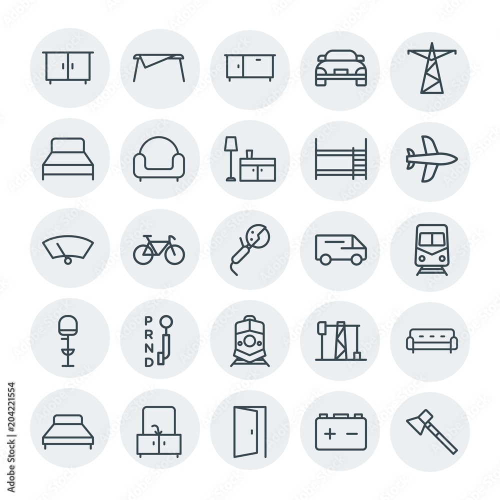 Modern Simple Set of transports, industry, furniture Vector outline Icons. Contains such Icons as gas, axe,  industry,  industrial,  battery and more on white background. Fully Editable. Pixel Perfect