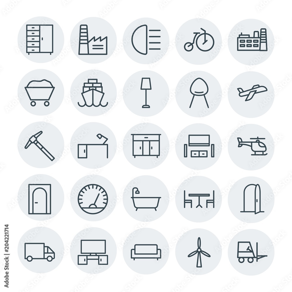 Modern Simple Set of transports, industry, furniture Vector outline Icons. Contains such Icons as  car, closet,  clothing,  truck,  couch and more on white background. Fully Editable. Pixel Perfect