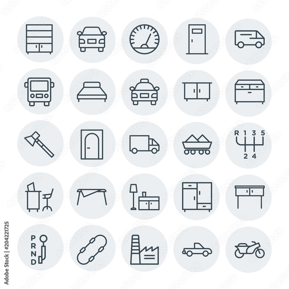 Modern Simple Set of transports, industry, furniture Vector outline Icons. Contains such Icons as  car, factory,  architecture,  speedometer and more on white background. Fully Editable. Pixel Perfect