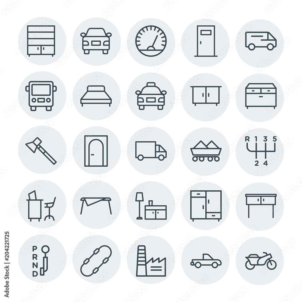 Modern Simple Set of transports, industry, furniture Vector outline Icons. Contains such Icons as car, factory, architecture, speedometer and more on white background. Fully Editable. Pixel Perfect Modern Simple Set of transports, industry, furniture Vector outline Icons. Contains such Icons as car, factory, architecture, speedometer and more on white background. Fully Editable. Pixel Perfect