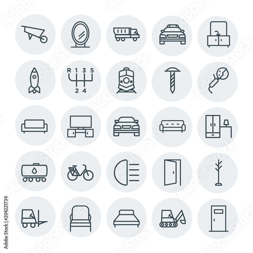 Modern Simple Set of transports, industry, furniture Vector outline Icons. Contains such Icons as shovel, tv, shipping, worker, seat and more on white background. Fully Editable. Pixel Perfect