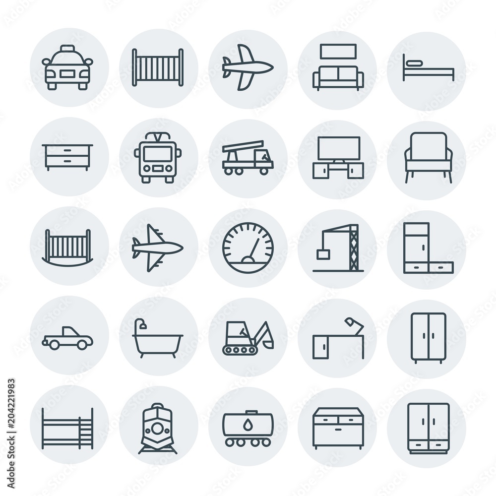 Modern Simple Set of transports, industry, furniture Vector outline Icons. Contains such Icons as  home,  wooden,  table,  baby,  small, bed and more on white background. Fully Editable. Pixel Perfect