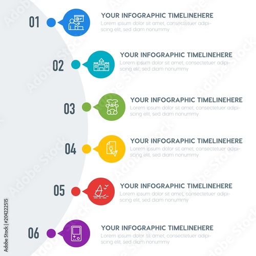 Flat education, travel, kids and toys infographic timeline template with 7 options for presentations, advertising, annual reports