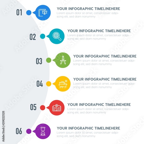 Flat education, travel, kids and toys infographic timeline template with 7 options for presentations, advertising, annual reports