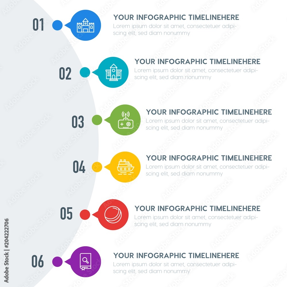 Naklejka premium Flat education, travel, kids and toys infographic timeline template with 7 options for presentations, advertising, annual reports