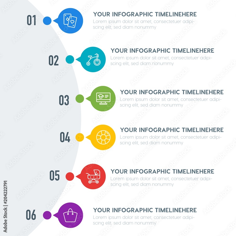 Flat education, travel, kids and toys infographic timeline template with 7 options for presentations, advertising, annual reports Flat education, travel, kids and toys infographic timeline template with 7 options for presentations, advertising, annual reports