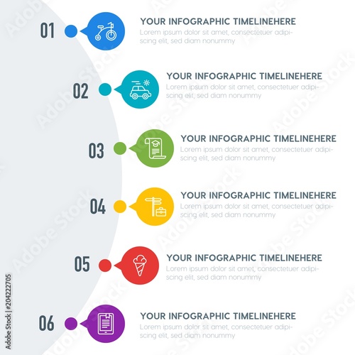 Flat education, travel, kids and toys infographic timeline template with 7 options for presentations, advertising, annual reports