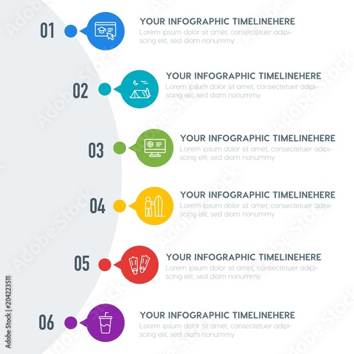 Flat education, travel, kids and toys infographic timeline template with 7 options for presentations, advertising, annual reports