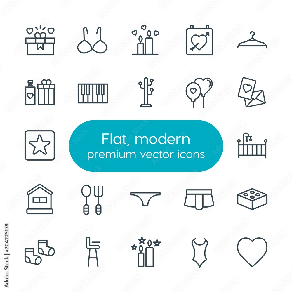 Fototapeta premium Modern Simple Set of clothes, valentine, kids and toys Vector outline Icons. Contains such Icons as love, toy, pants, boy, bikini, child and more on white background. Fully Editable. Pixel Perfect