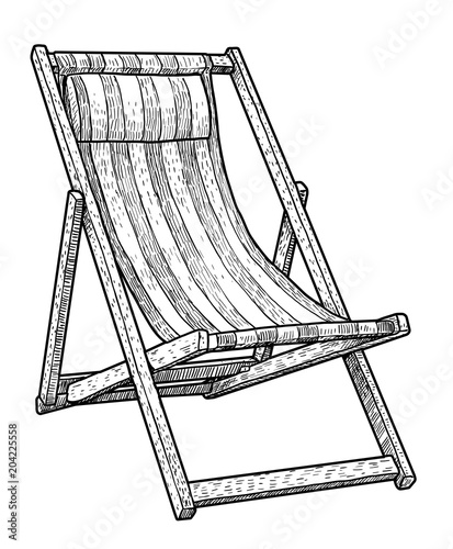 Photographie Wooden chaise lounge, beach chair illustration, drawing, engraving, ink, line ar