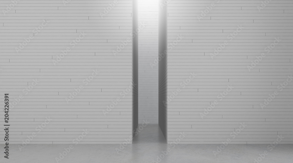 3D stimulate of white room interior space with white tile pattern wall and concrete floor,Perspective of minimal design architecture 3D stimulate of white room interior space with white tile pattern wall and concrete floor,Perspective of minimal design architecture