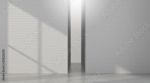 3D stimulate of white room interior space with white tile pattern wall and concrete floor and the sun cast shadow on the wall,Perspective of minimal design architecture	