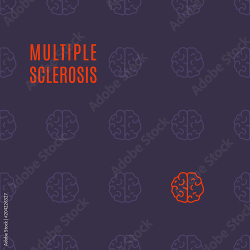 Multiple sclerosis awareness medical poster with healthy brains and one affected by the illness. Top view body anatomy sign. Solidarity day concept. Vector illustration on purple background.