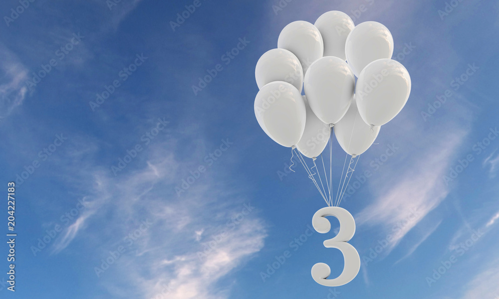 Number 3 party celebration. Number attached to a bunch of white balloons against blue sky - obrazy, fototapety, plakaty 