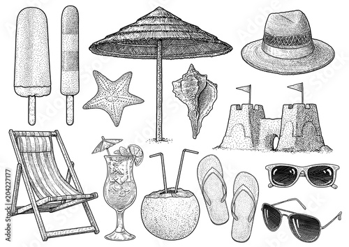 Beach accessories collection illustration, drawing, engraving, ink, line art, vector