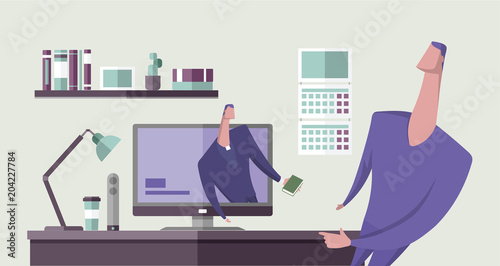 Man with the Bible preaching from computer monitor to another man in office interior. Religion online. Personal preacher. Webinar. Concept vector illustration. Flat style. Horizontal.