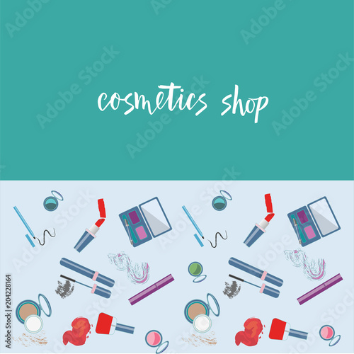 Vector illustration of cosmetics product. With text cosmetics shop. Flat design. . photo