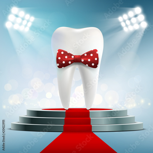 Human white tooth with red bow tie