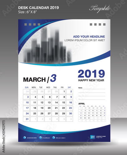 MARCH 2019 year Size 6x8 inch vertical vector, 3 month photo