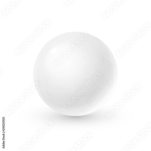 Realistic glass sphere with shadows, reflection of sky in mirror surface of snow-white pearl