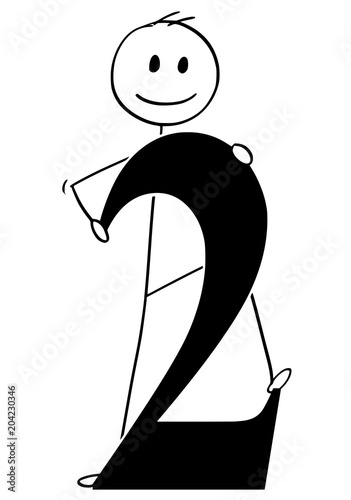 Cartoon stick man drawing conceptual illustration of businessman holding big number two or 2. Part of set.