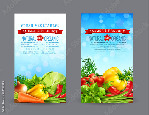 Vector set of two vertical banners with realistic vegetables for the farmers market (tomato, cabbage, carrots, dill,basil,eggplant,onion, pepper, green beans,chili).