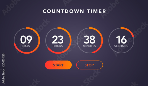 vector illustration countdown timer website element with buttons. Flat digital clock timer application template for coming soon or under construction