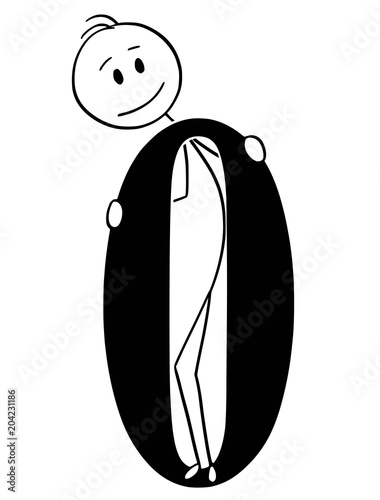 Cartoon stick man drawing conceptual illustration of businessman holding big number zero or 0. Part of set.