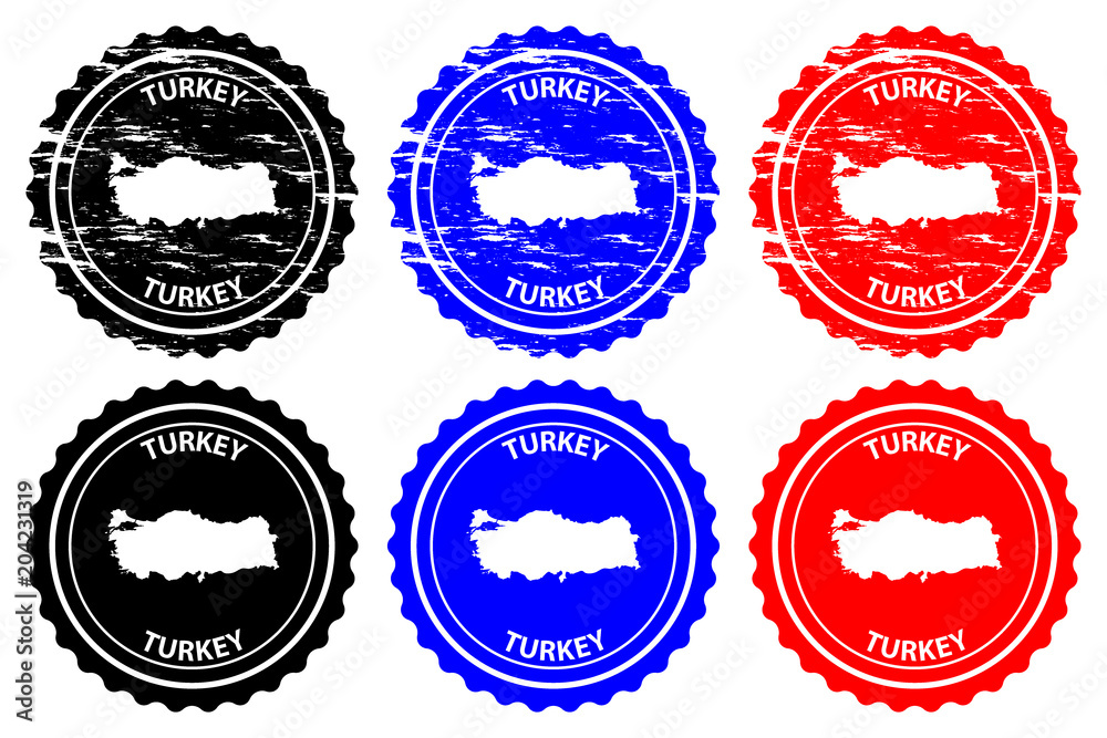 Turkey - rubber stamp - vector, Turkey map pattern - sticker - black, blue and red
