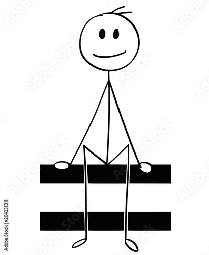 Cartoon stick man drawing conceptual illustration of businessman holding or sitting on big equal or equation sign. Part of set.